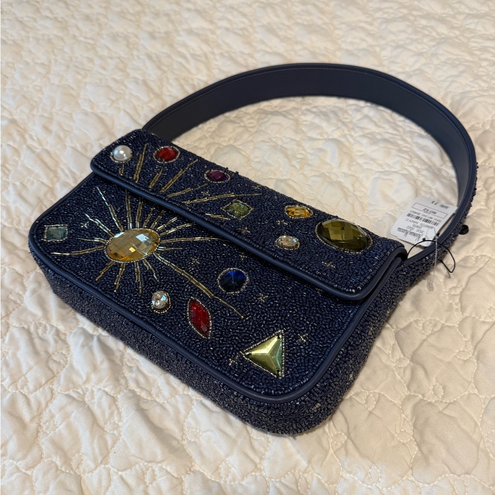 STAUD Navy Beaded Shoulder Bag with Multicolored Gem Embellishments - Picture 6 of 10